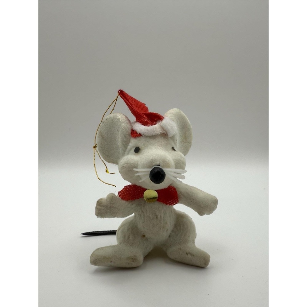 Vintage 1970s Flocked Mouse Christmas Ornament – Santa Hat, Red Bow &‎ Bell